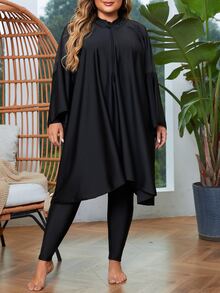SHEIN Swim Plus Size Summer Beach Stand Collar Long Sleeve One Piece Swimsuit - Black - View 6