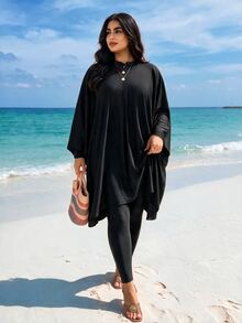 SHEIN Swim Plus Size Summer Beach Stand Collar Long Sleeve One Piece Swimsuit - Black - View 1