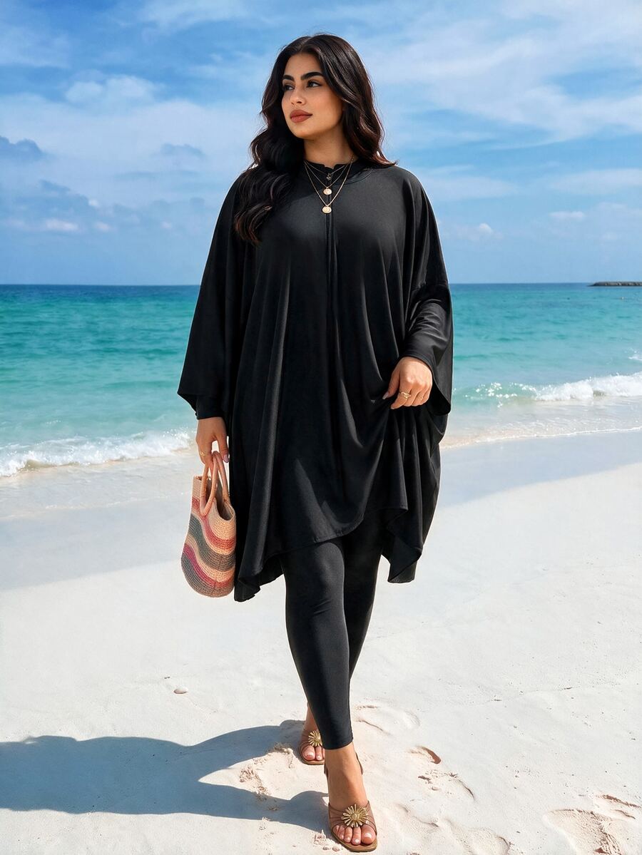 SHEIN Swim Plus Size Summer Beach Stand Collar Long Sleeve One Piece Swimsuit - Black - View 1