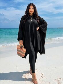 SHEIN Swim Plus Size Summer Beach Stand Collar Long Sleeve One Piece Swimsuit - Black - View 2