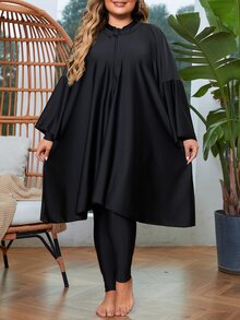SHEIN Swim Plus Size Summer Beach Stand Collar Long Sleeve One Piece Swimsuit - Black - View 3