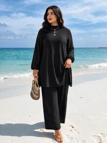 SHEIN Swim Set de burkini de unicolor talla grande, parte superior y pantalones de unicolor Ropa de verano árabe - Negro - Ver 2