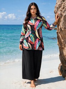 SHEIN Swim 2026New Plus Size Women's Beach Outfit With Tropical Colorful Plants, Leaves And Flowers, Paired With Loose Pants, Two-Piece Set, Bukini - Multicolor - View 2