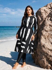 SHEIN Swim 大码女式黑白条纹印花上衣和纯色紧身裤两件套布基尼泳装 - 彩色 - 查看 2