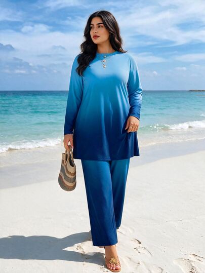 SHEIN Swim طقم بحر بورکینی لسيدات المقاسات الكبيرة 2 قطعة بطبعة عُمرية على أكمام طويلة وياقة مستديرة فضفاضة ومتواضعة