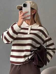 Livesso Petite Women's Striped Polo Collar Long Sleeve Casual Sweater Winter - Multicolor - View 2
