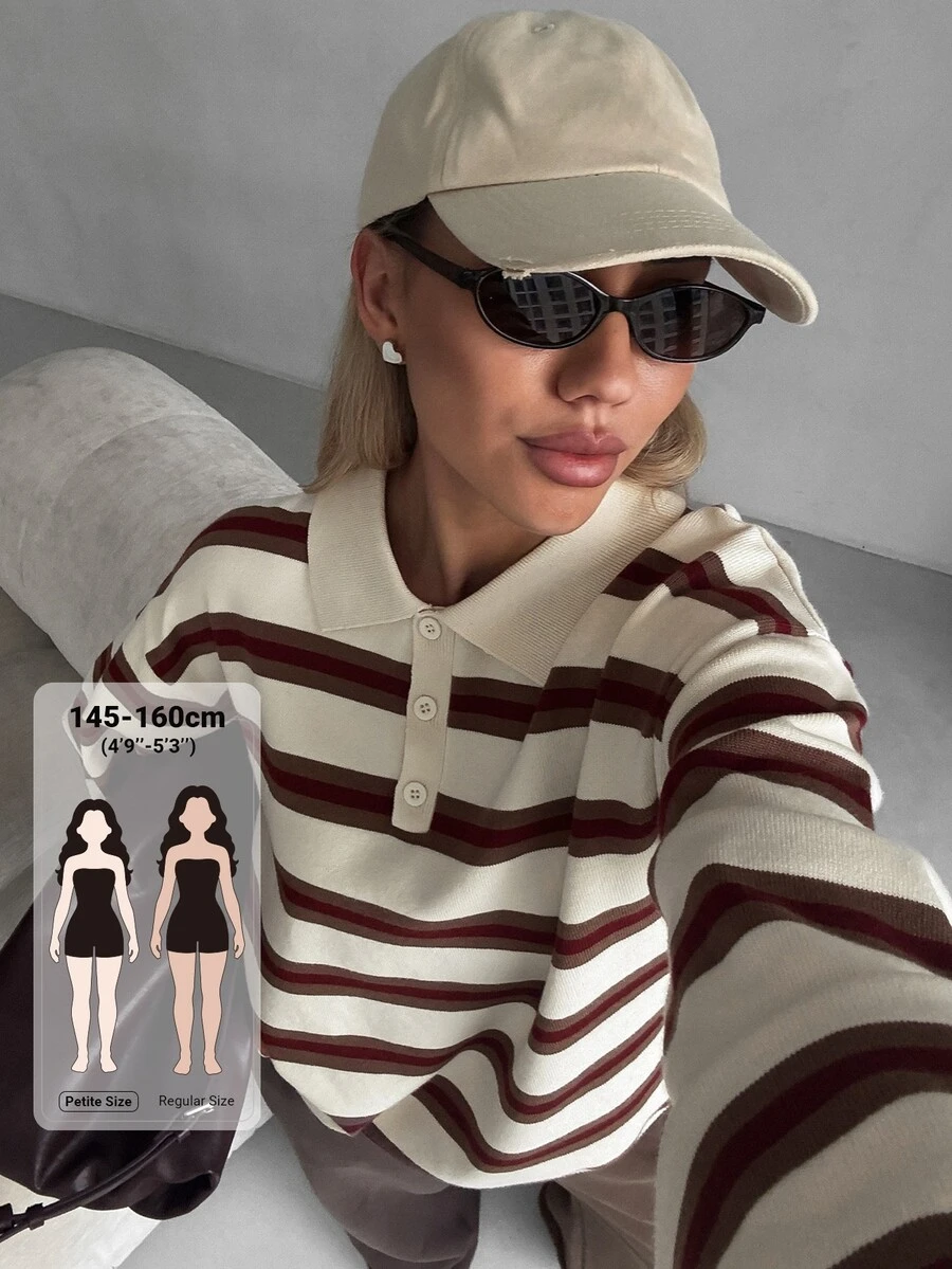 Livesso Petite Women's Striped Polo Collar Long Sleeve Casual Sweater Winter - Multicolor - View 1