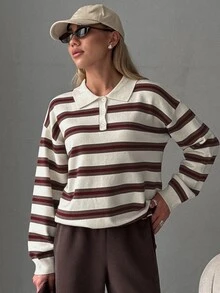 Livesso Petite Women's Striped Polo Collar Long Sleeve Casual Sweater Winter - Multicolor - View 7