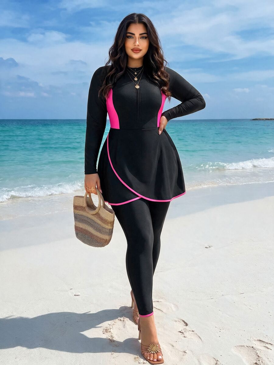 SHEIN Swim 大码拼色拉链布基尼泳衣上衣和裤子，适合夏季阿拉伯服装 - 黑色 - 查看 1