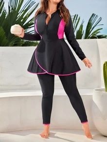 SHEIN Swim 大码拼色拉链布基尼泳衣上衣和裤子，适合夏季阿拉伯服装 - 黑色 - 查看 3
