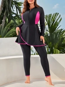 SHEIN Swim 大码拼色拉链布基尼泳衣上衣和裤子，适合夏季阿拉伯服装 - 黑色 - 查看 6