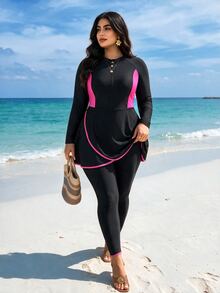 SHEIN Swim 大码拼色拉链布基尼泳衣上衣和裤子，适合夏季阿拉伯服装 - 黑色 - 查看 2
