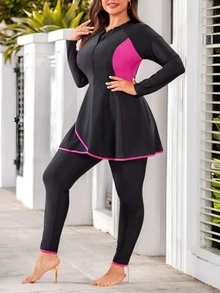 SHEIN Swim 大码拼色拉链布基尼泳衣上衣和裤子，适合夏季阿拉伯服装 - 黑色 - 查看 7