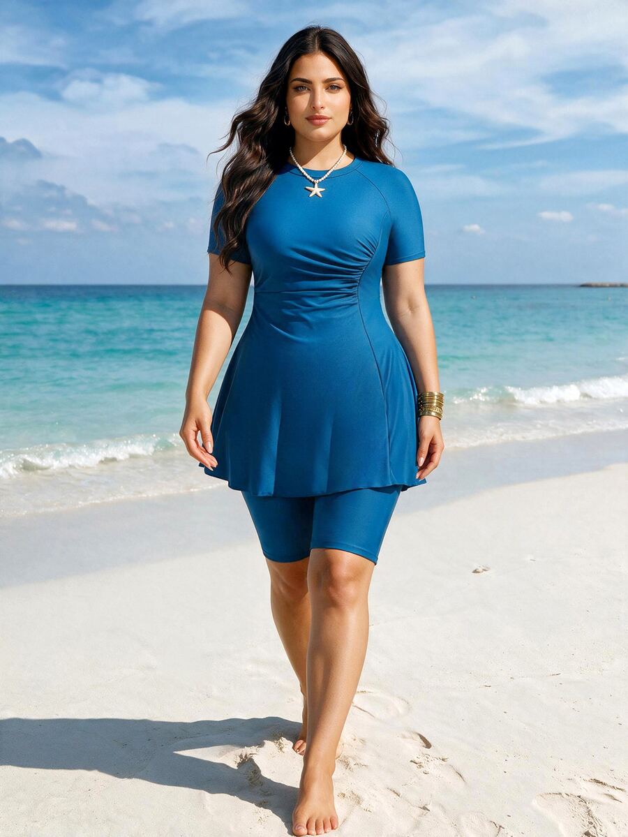 SHEIN Swim 大码女式短袖布基尼套装,两件套泳衣,适合夏季海滩度假阿拉伯服装 - 水鴨藍 - 查看 1