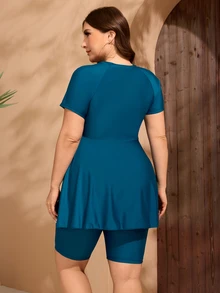SHEIN Swim 大码女式短袖布基尼套装，两件套泳衣，适合夏季海滩度假阿拉伯服装 - 水鴨藍 - 查看 4