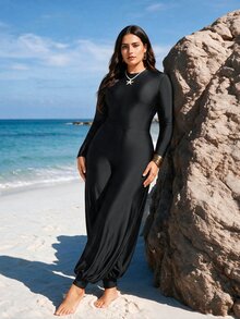 SHEIN Swim 大尺碼女款純色寬鬆抽繩褲，布基尼下半身，海灘度假派對夏季柔軟黑色保守端莊飄逸套裝 - 黑色 - 查看 2
