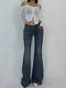 Livesso Petite 純色喇叭褲秋季款 - 深色水洗藍 - 查看 5
