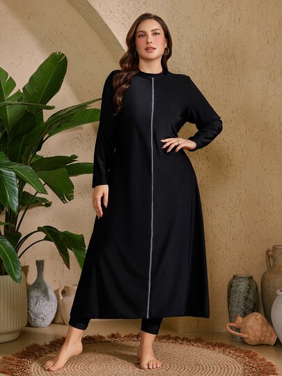 SHEIN Swim 大尺碼女款黑色保守軟型泳衣套裝，條紋裝飾長版坦基尼上衣與高腰泳褲，夏季海灘度假布基尼