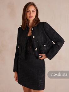 Enchnt Premium Fall Romantic Women's Elegant Black Two-Piece Tweed Jacket With Pearl Buttons And Frayed Edges,Festival,Halloween,Work Outfits - Black - View 4
