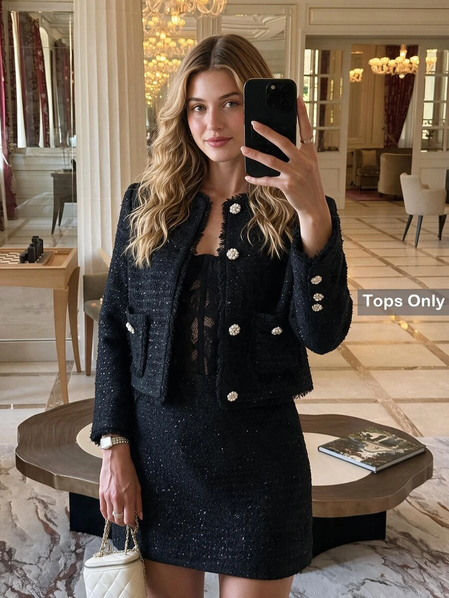 Enchnt Premium Fall Romantic Women's Elegant Black Two-Piece Tweed Jacket With Pearl Buttons And Frayed Edges,Festival,Halloween,Work Outfits