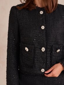 Enchnt Premium Fall Romantic Women's Elegant Black Two-Piece Tweed Jacket With Pearl Buttons And Frayed Edges,Festival,Halloween,Work Outfits - Black - View 3