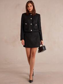 Enchnt Premium Fall Romantic Women's Elegant Black Two-Piece Tweed Jacket With Pearl Buttons And Frayed Edges,Festival,Halloween,Work Outfits - Black - View 5