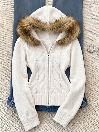 SHEIN Cárdigan casual de uso diario para adolescente, de felpa con patchwork y cremallera, para otoño e invierno