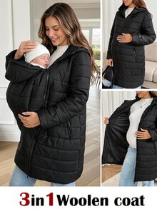SHEIN Maternity 3-i-1 varm jacka för höst/vinter med huva, dragkedja, lång ärm och fickor - Svart - Visa 1