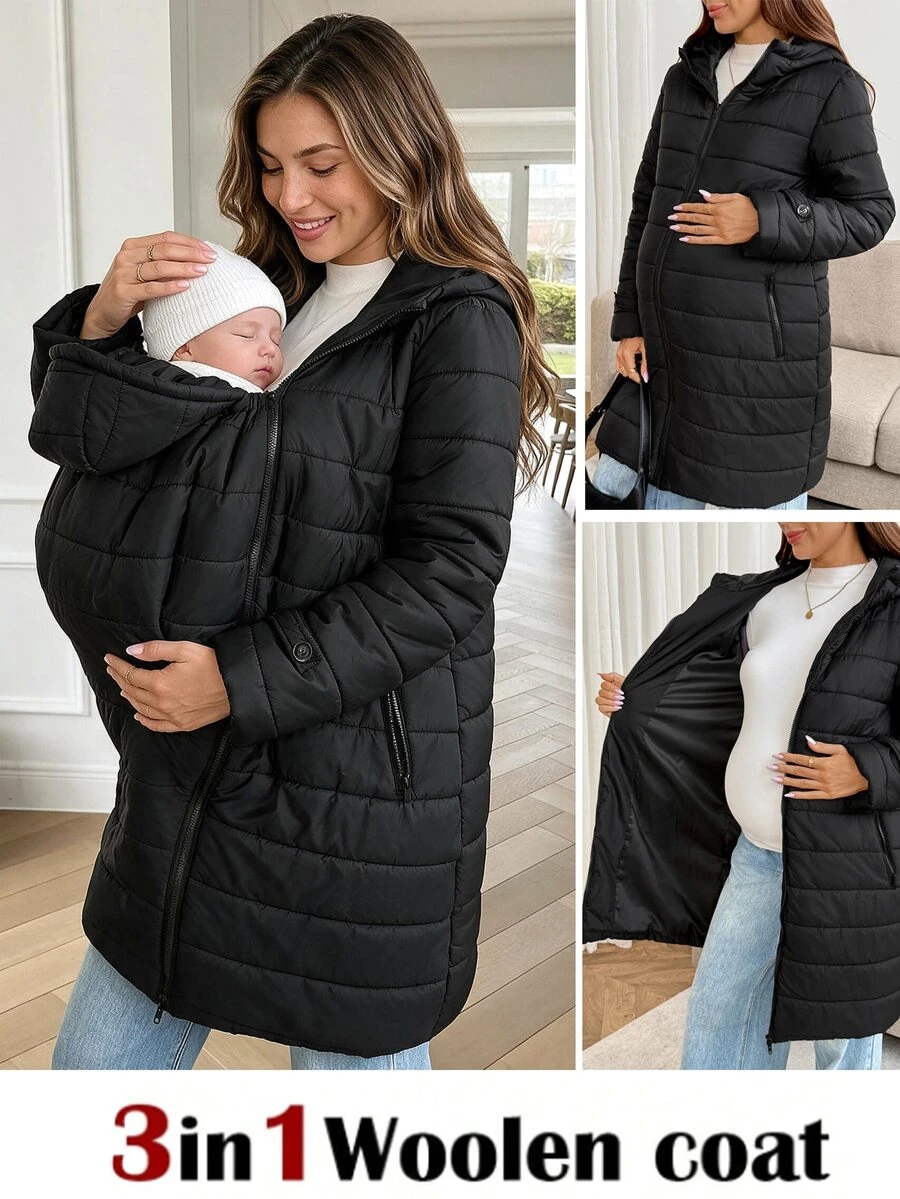 SHEIN Maternity 3-i-1 varm jacka för höst/vinter med huva, dragkedja, lång ärm och fickor - Svart - Visa 1