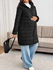 SHEIN Maternity 3-i-1 varm jacka för höst/vinter med huva, dragkedja, lång ärm och fickor - Svart - Visa 6