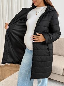 SHEIN Maternity 3-i-1 varm jacka för höst/vinter med huva, dragkedja, lång ärm och fickor - Svart - Visa 7