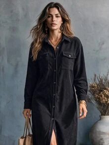 Glimmora Women's Mid-Length Long Sleeve Button-Down Shirt Collar Dress Everyday Travel Black Fall Casual Western - Black - View 2