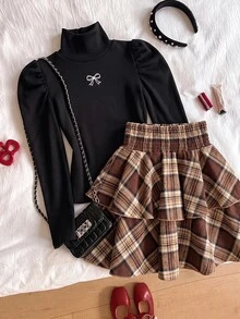 Tween Girl) Casual Christmas New Year Red T-Shirt & Red Plaid Skirt 2pcs Set - Brown - View 3