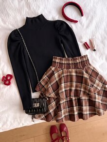 Tween Girl) Casual Christmas New Year Red T-Shirt & Red Plaid Skirt 2pcs Set - Brown - View 2