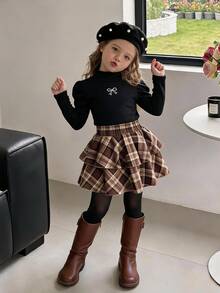 Tween Girl) Casual Christmas New Year Red T-Shirt & Red Plaid Skirt 2pcs Set - Brown - View 1