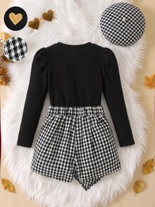 Elladie kids 女童 2 件組秋冬套裝，愛心羅紋針織長袖泡泡袖上衣 + 千鳥格不對稱格紋裙，休閒嬰兒服飾 7th 白色 - 黑色 - 查看 3