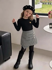 Elladie kids 女童 2 件組秋冬套裝，愛心羅紋針織長袖泡泡袖上衣 + 千鳥格不對稱格紋裙，休閒嬰兒服飾 7th 白色 - 黑色 - 查看 4