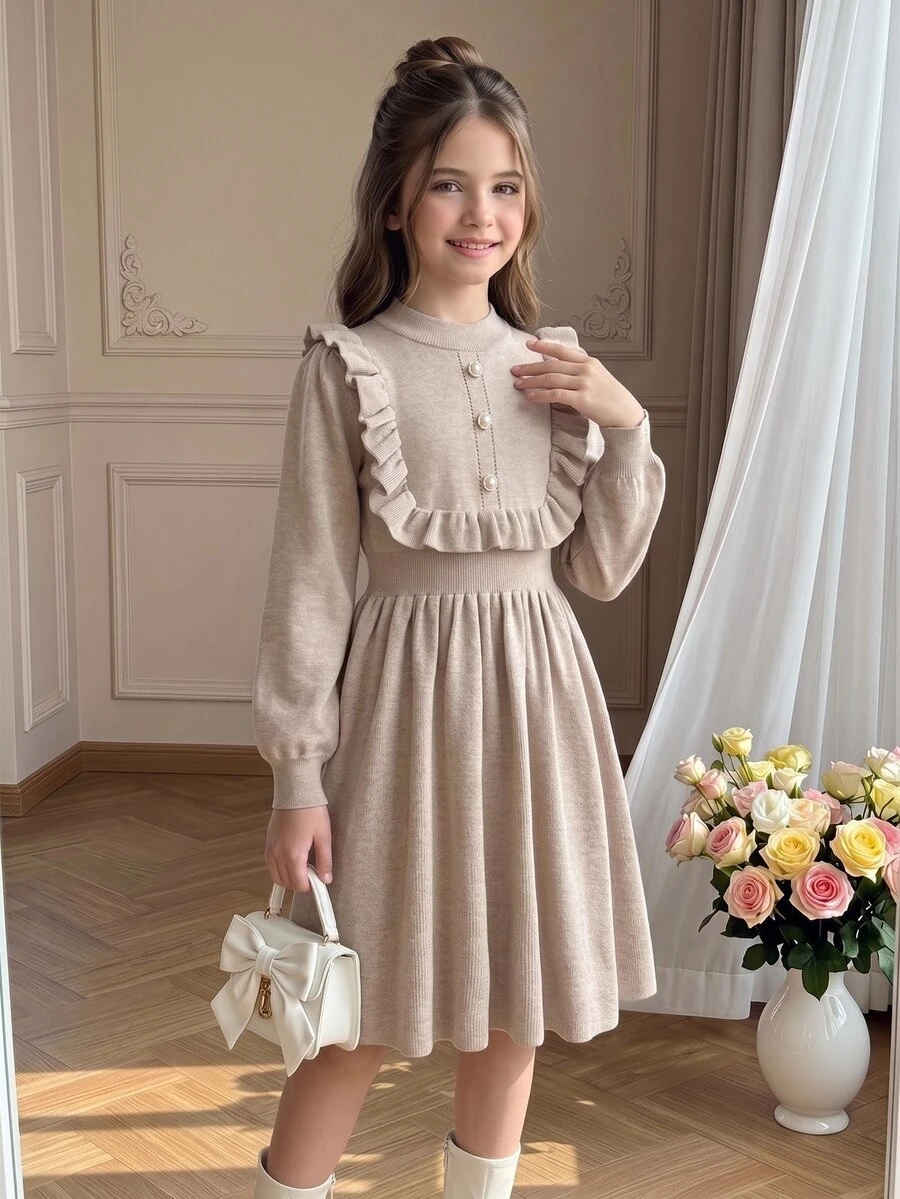 SHEIN Pitira Tween Girls Sweet Beige Ruffle Mid-Length Knit Sweater Fall Dress, Pull, Christmas Dress, Fall Outfits, Knitwear, Sweaters, Party Dress, Cozy - Apricot - View 1