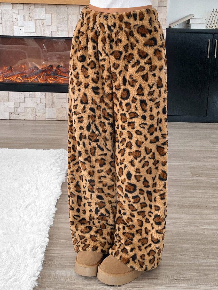 SHEIN SLAYR 青少年女孩休閒圖案抽繩腰貼絨長褲,秋冬棕色泰迪熊長褲 - 棕色 - 查看 1
