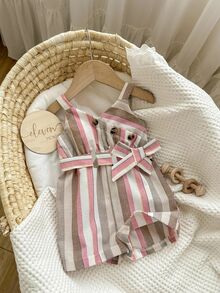 Mono informal sin mangas de verano para bebé niña a rayas, con cuello halter y cinturón - Multicolor - Ver 7