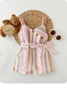 Mono informal sin mangas de verano para bebé niña a rayas, con cuello halter y cinturón - Multicolor - Ver 1