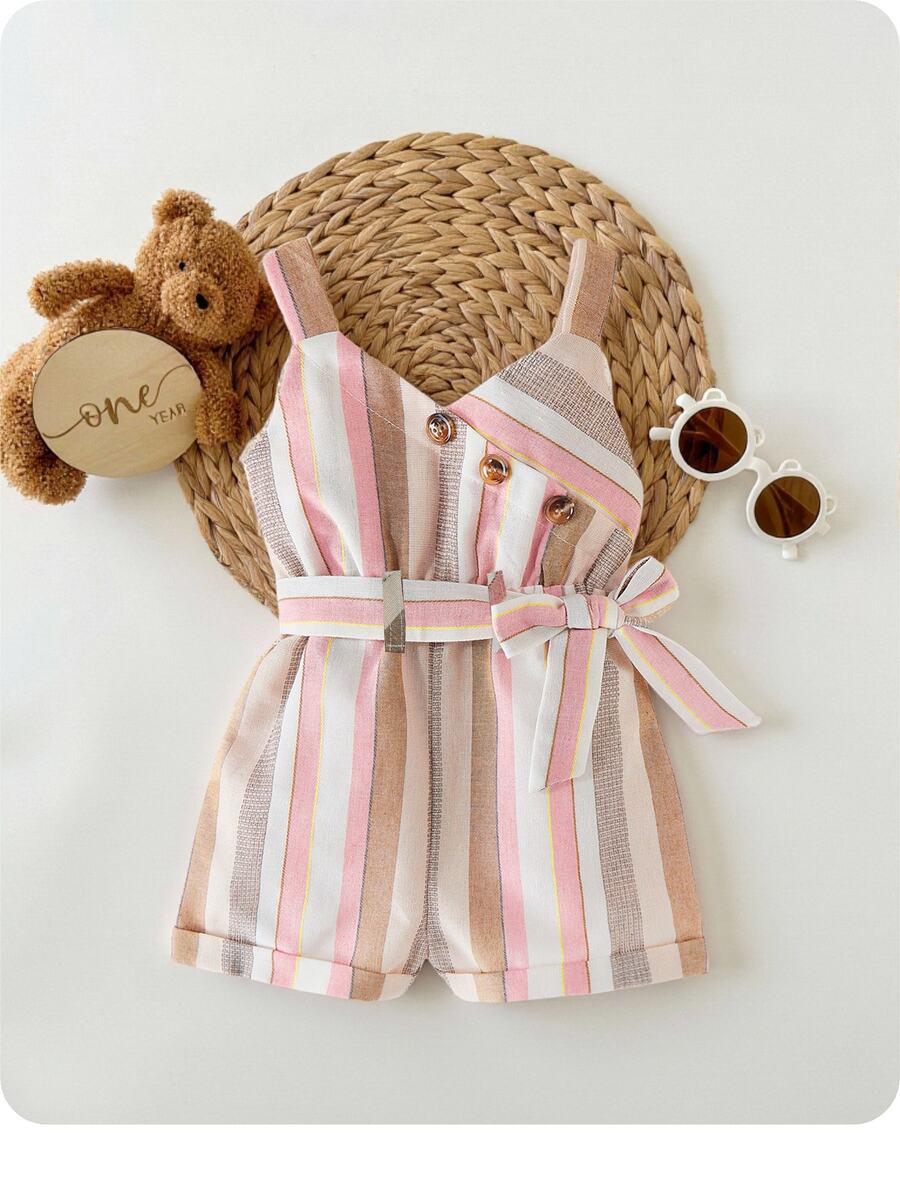 Mono informal sin mangas de verano para bebé niña a rayas, con cuello halter y cinturón - Multicolor - Ver 1