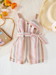 Mono informal sin mangas de verano para bebé niña a rayas, con cuello halter y cinturón - Multicolor - Ver 5