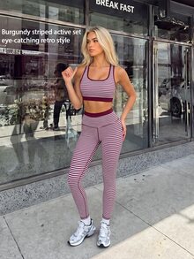 Fluxe 女款兩件式健身套裝 內墊寬肩帶運動內衣與高腰條紋緊身褲 修身運動瑜伽跑步健身運動服 - 酒紅色 - 查看 8