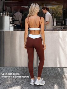 Fluxe Women 2 Piece Gym Set Padded Sports Bra & High Waist V-Shaped Waist Leggings Color Block Slim Fit Workout Yoga Fitness Sportswear Activewear - Red - View 2