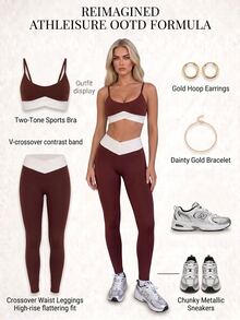 Fluxe Women 2 Piece Gym Set Padded Sports Bra & High Waist V-Shaped Waist Leggings Color Block Slim Fit Workout Yoga Fitness Sportswear Activewear - Red - View 3