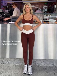 Fluxe Women 2 Piece Gym Set Padded Sports Bra & High Waist V-Shaped Waist Leggings Color Block Slim Fit Workout Yoga Fitness Sportswear Activewear - Red - View 8