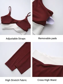 Fluxe Women 2 Piece Gym Set Padded Sports Bra & High Waist V-Shaped Waist Leggings Color Block Slim Fit Workout Yoga Fitness Sportswear Activewear - Red - View 4