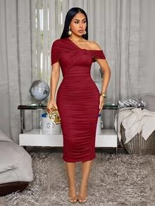 SOLERSUN Women's Sexy Ruched Asymmetrical Shoulder Bodycon Dress,Sexy Burgundy Red One Shoulder Bodycon Dress Night Out Summer Wedding Thanksgiving Dinner - Dark Red - View 2