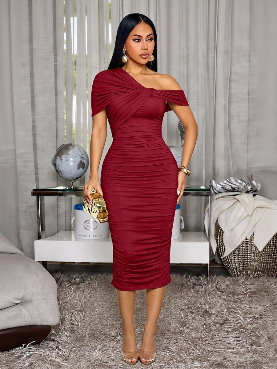 SOLERSUN Women's Sexy Ruched Asymmetrical Shoulder Bodycon Dress,Sexy Burgundy Red One Shoulder Bodycon Dress Night Out Summer Wedding Thanksgiving Dinner